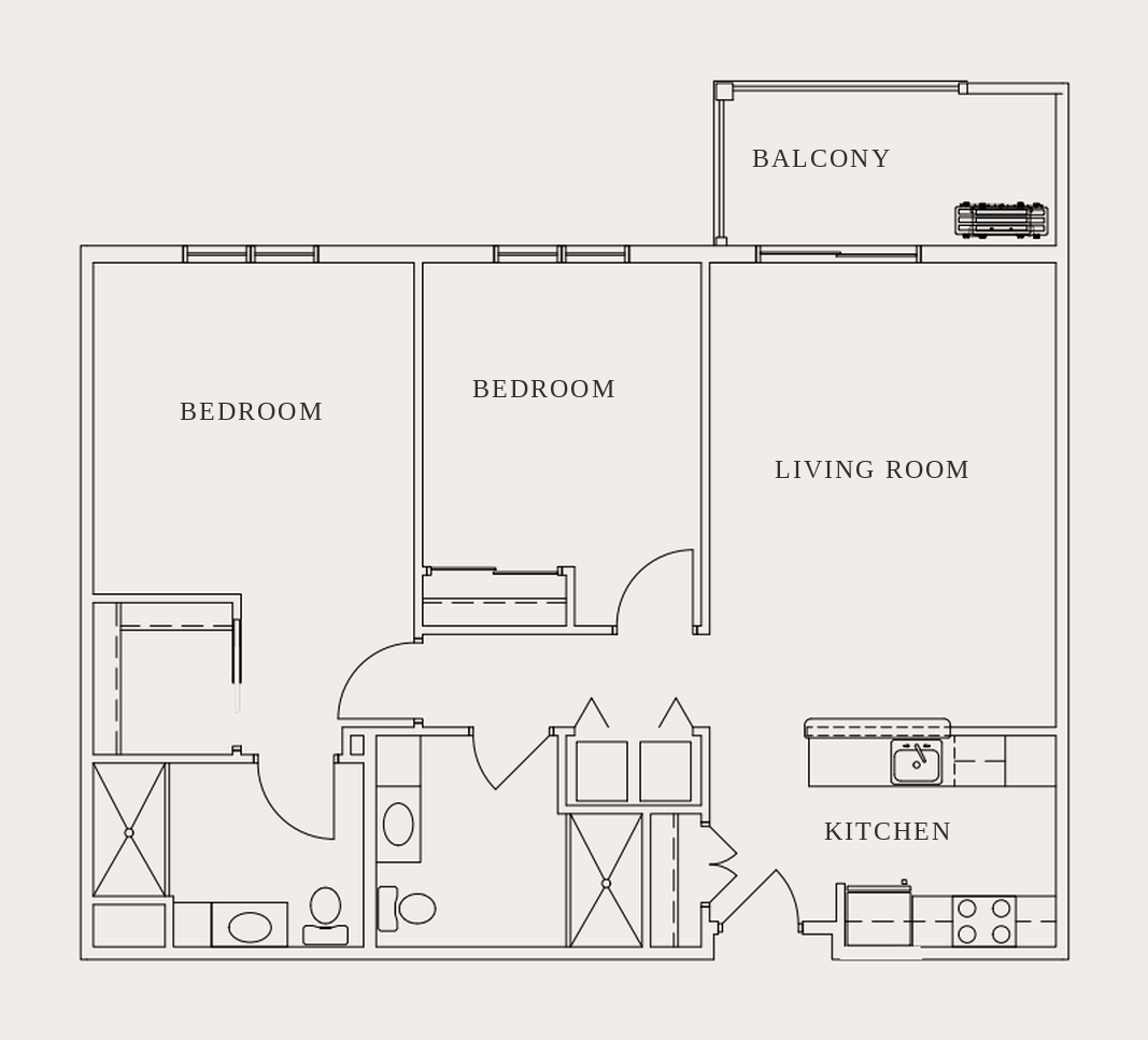 The Livingston. 2 bedroom apartment layout. Tan color.