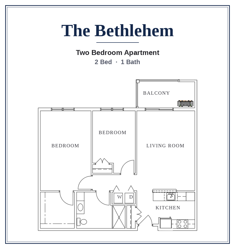The Bethlehem floor plan: two bedroom, one bath apartment at Dorothy’s Way Living