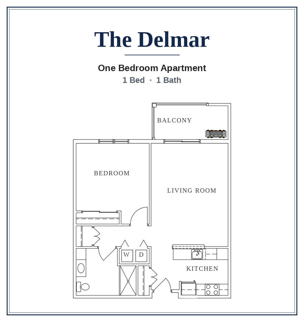 The Delmar floor plan: one bedroom, one bath apartment at Dorothy’s Way Living