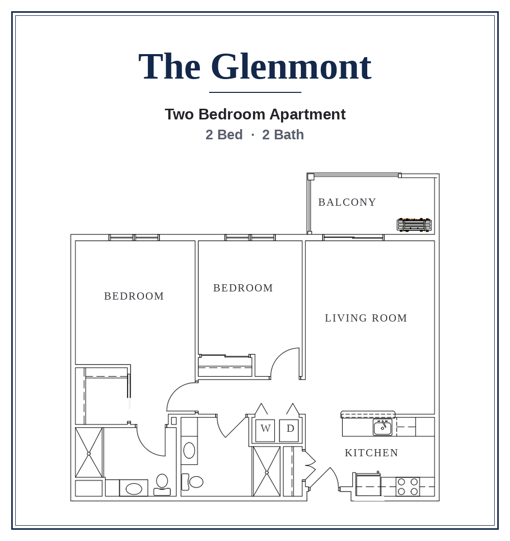 The Glenmont floor plan: two bedroom, two bath apartment at Dorothy’s Way Living