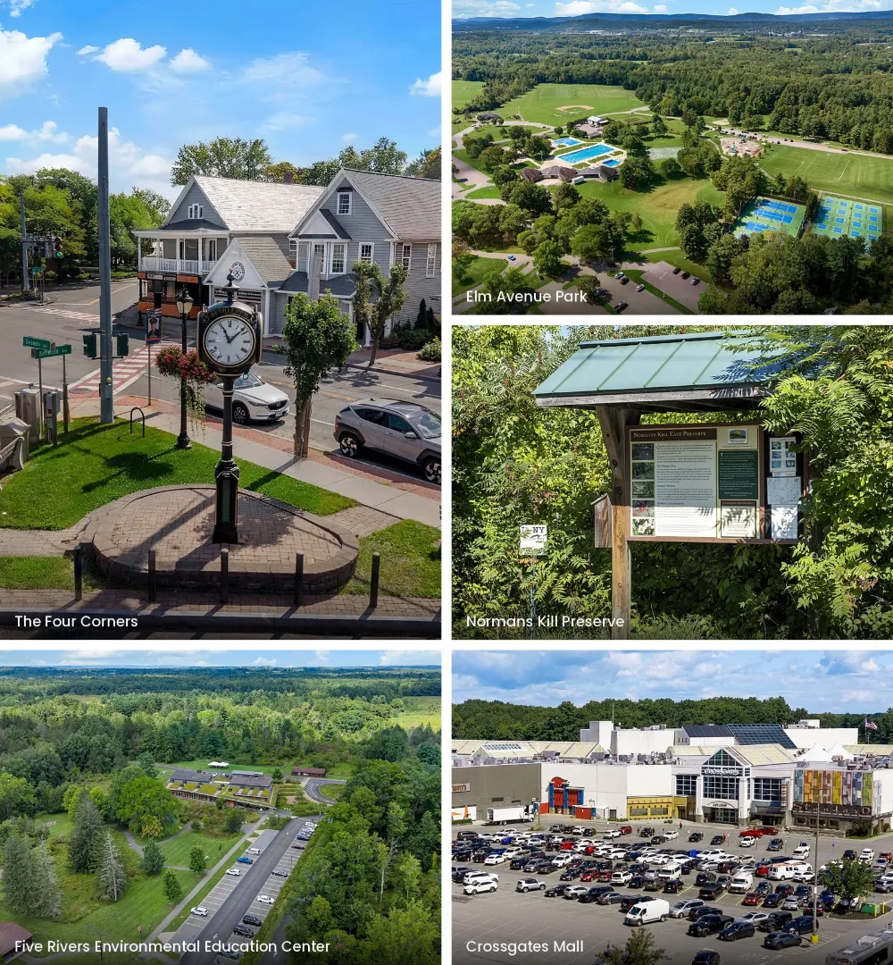 Dorothy’s Way Bethlehem locale collage Collage of places near Dorothy’s Way Living in Bethlehem, New York: the Four Corners, Elm Avenue Park, Normans Kill Preserve, Five Rivers Environmental Education Center, and Crossgates Mall