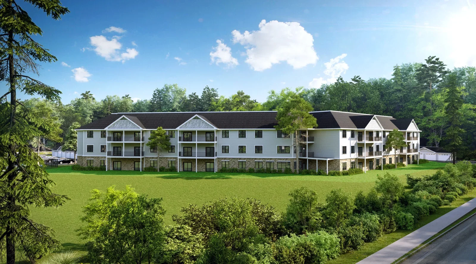 Dorothy's Way Exterior rendering of the Dorothy’s Way apartment building with balconies and landscaped grounds